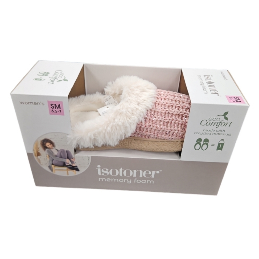 ISOTONER Ladies Memory Foam Hoodback Slippers Pink Sparkle Small NIB